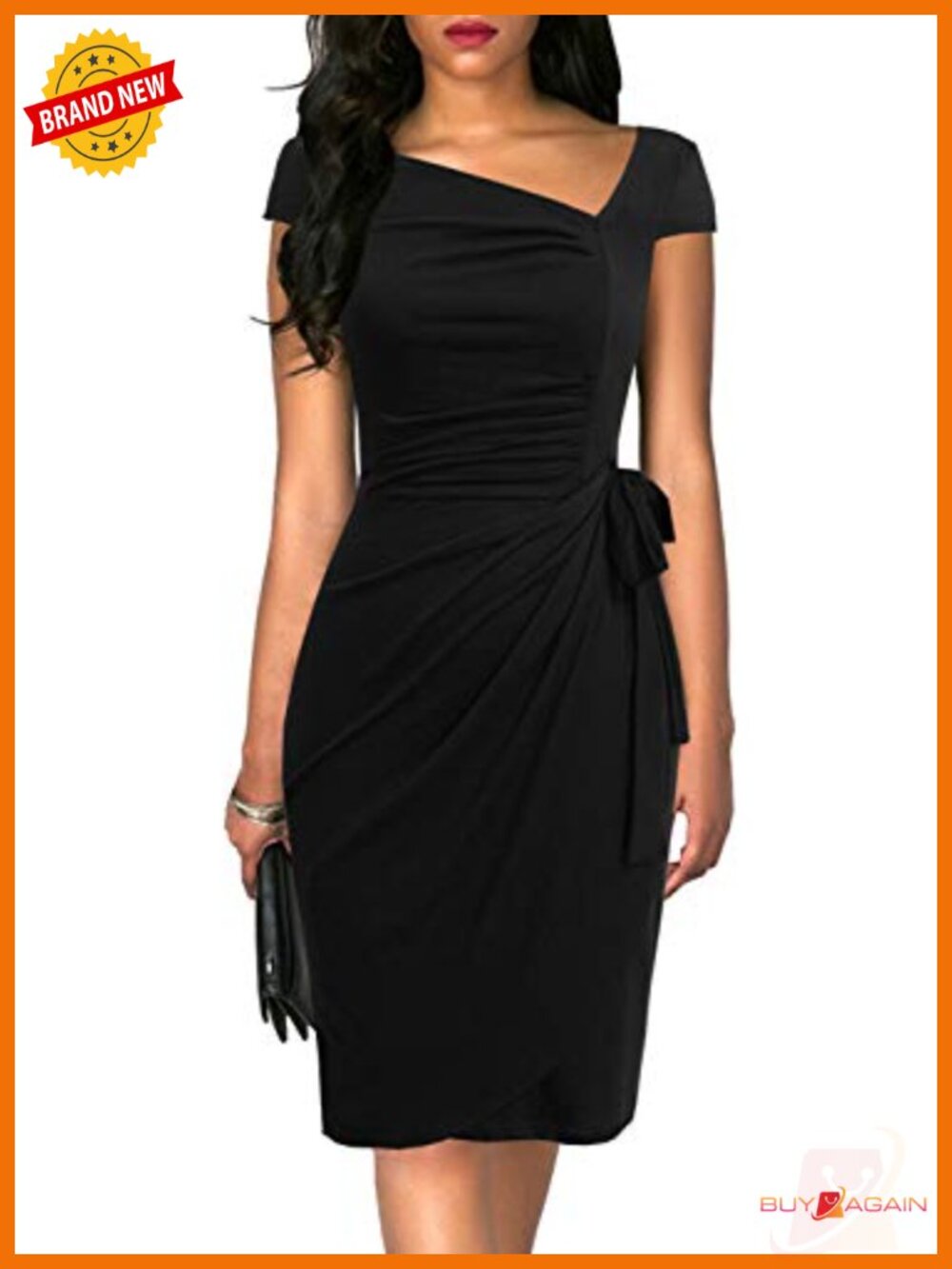 Women's Cap Sleeve Faux Wrap Sheath Dress Knee Length Work Cocktail
